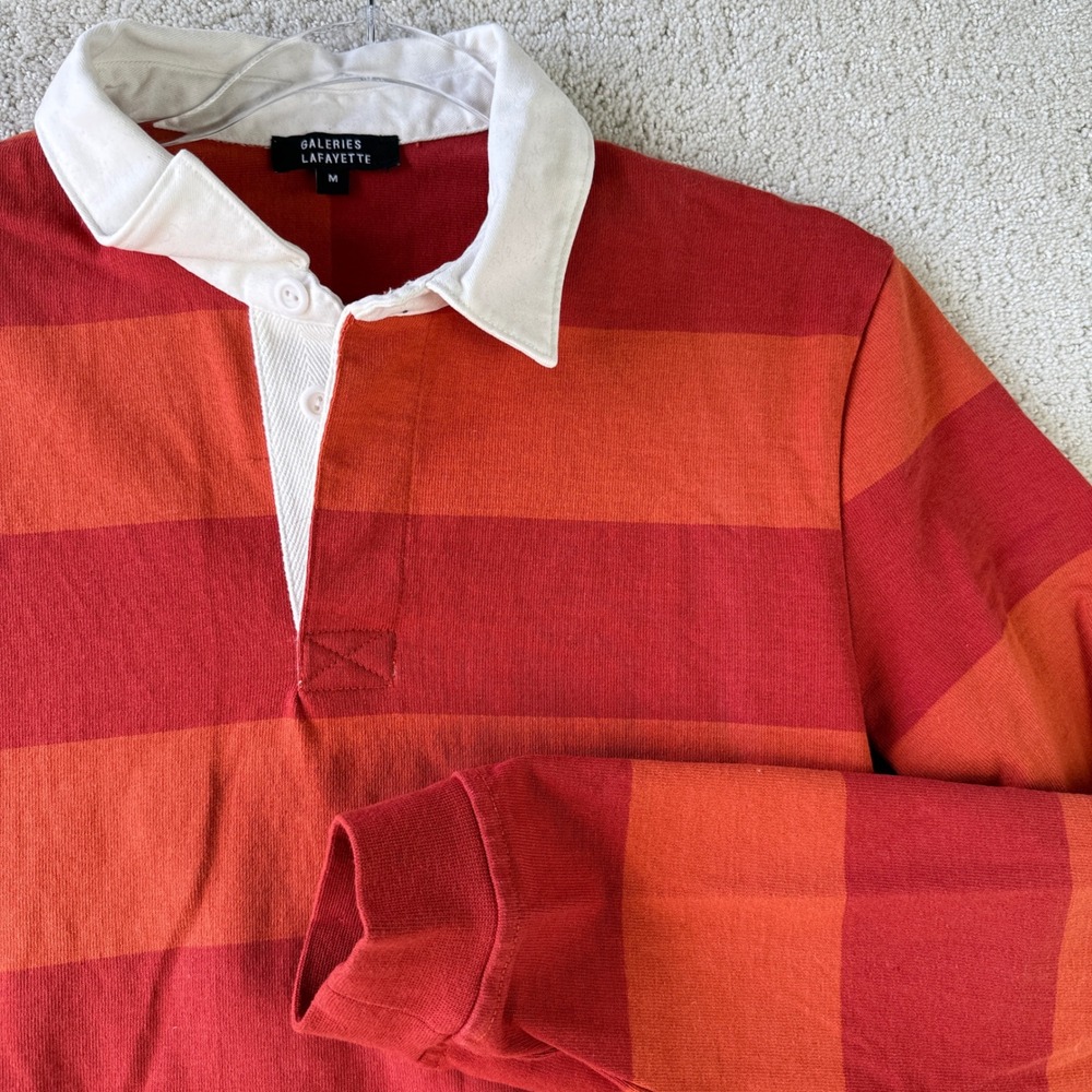 Galeries Lafayette Rugby Shirt Women M Red Orange Striped Long Sleeve Cotton